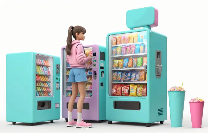 Girl and Vending Machine Vibrant 3D Picture Illustration